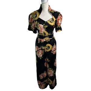 Mut Designs Black Floral Midi Jumpsuit Romper Queen Anne Neckline Flutter Wmn XS